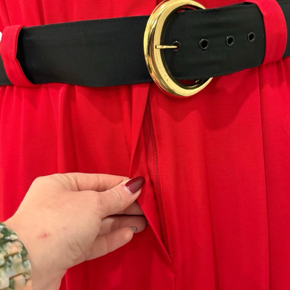 Vintage 80s Red Black Collared Belted Pleated Shoulder Pads Midi Dress size M - Picture 9 of 16